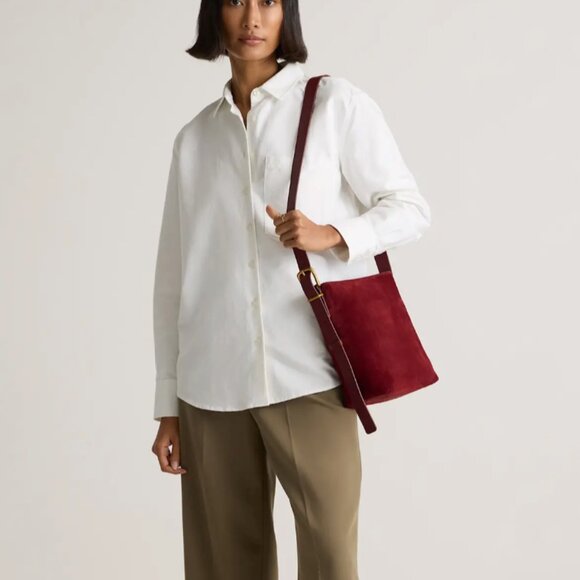 Quince Italian Suede Bucket Crossbody Leather Bag Merlot Burgundy Brass Minimal - Picture 2 of 13
